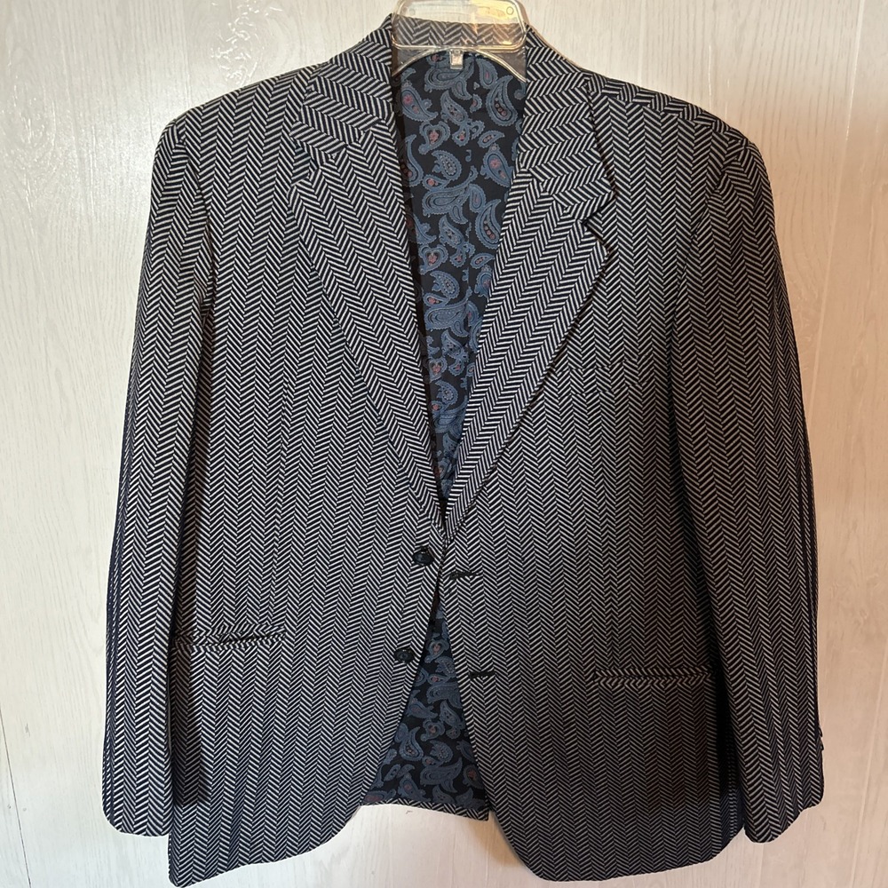 Vintage Men's Navy Chevron Print‎ Polyester Blazer Jacket Tajmahal Tailored